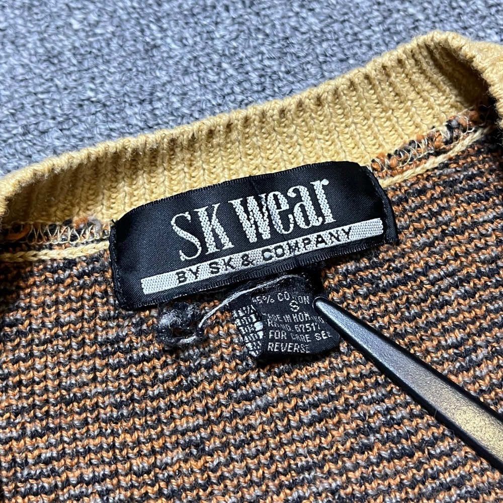 Vintage SK Wear Sweater Small Brown Leopard Fair Isle V-Neck Knit 90s Retro - Picture 3 of 8